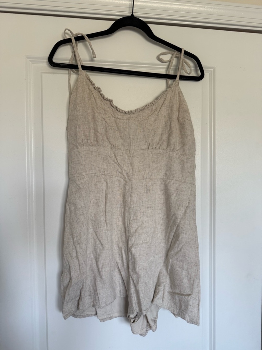 Abercrombie & Fitch Smocked Linen Blend Romper in Natural Beige
